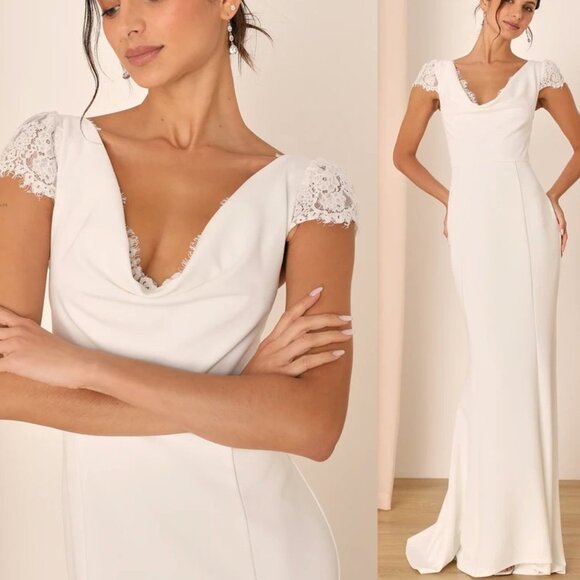 Lulu's Classic Ivory Maxi Dress with Lace Sleeves - Picture 9 of 9